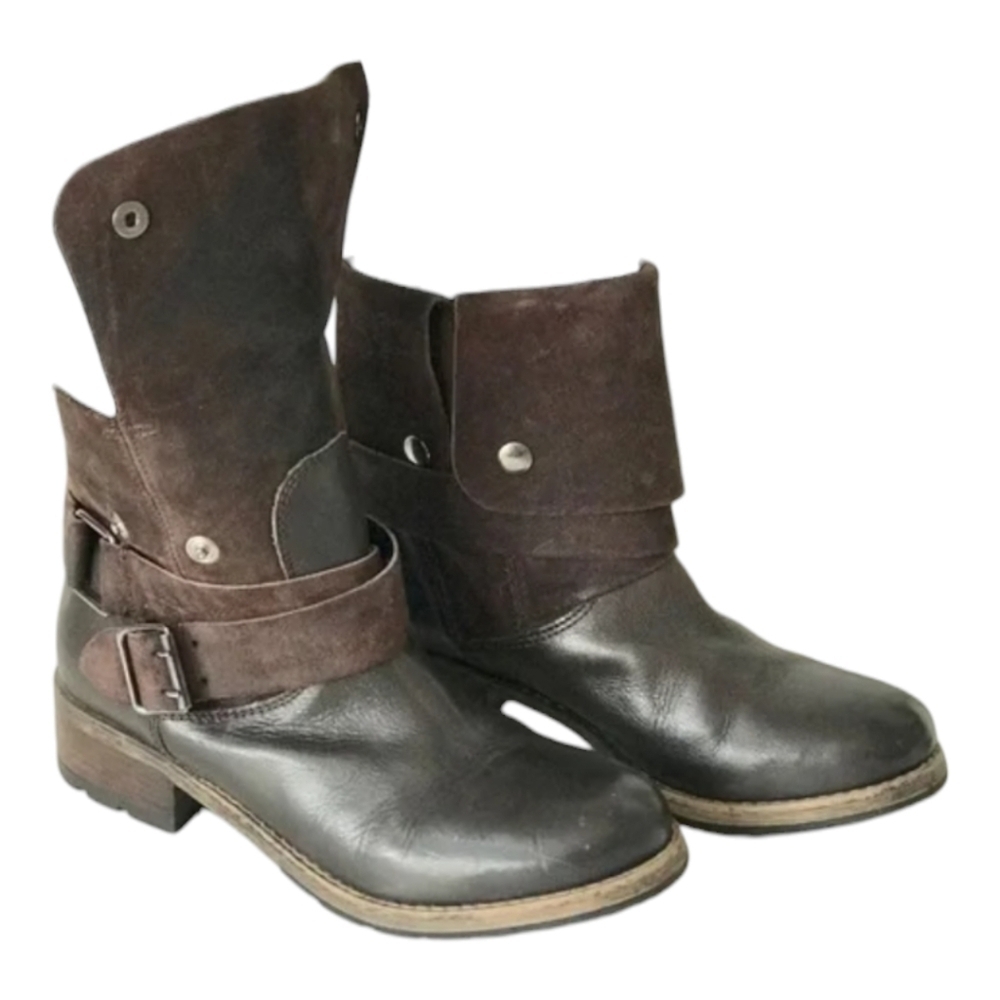 Clarks Volara Sky Boots 9 Brown Leather Suede Foldover Moto Ankle Boots Harness
